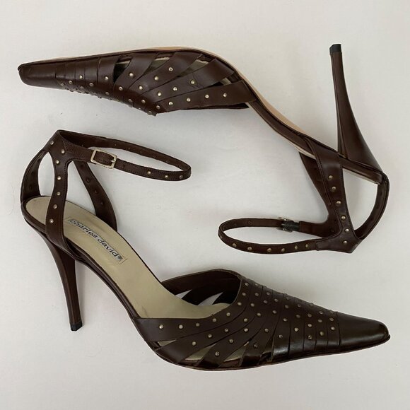 Charles David Brown Leather Studded Pointed Toe High Heels Ankle Strap Size 40 - Picture 4 of 10